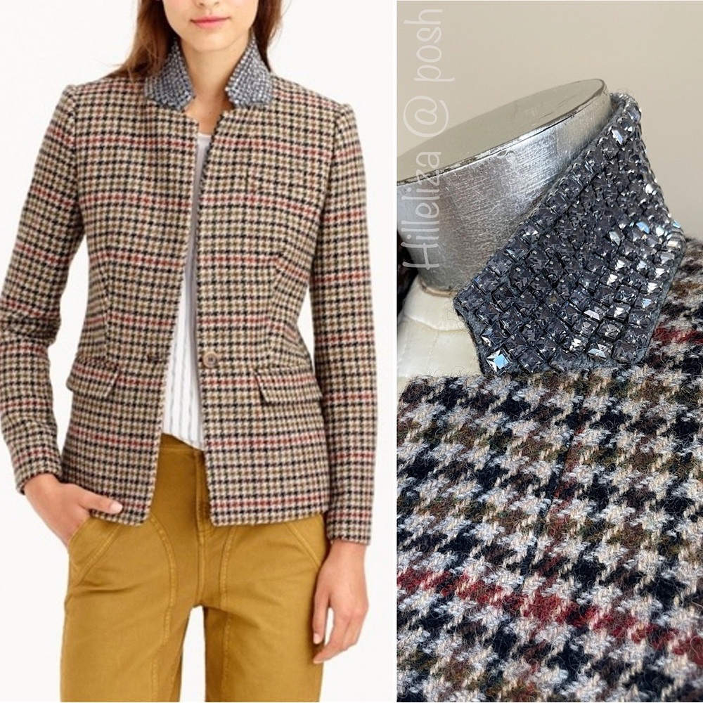 NEW J Crew 100% wool Regent Blazer crystal collar houndstooth jacket 2